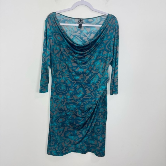 Clara Sun Woo Teal Abstract Print Cowl Neck Ruched Dress Size Large - Picture 2 of 7